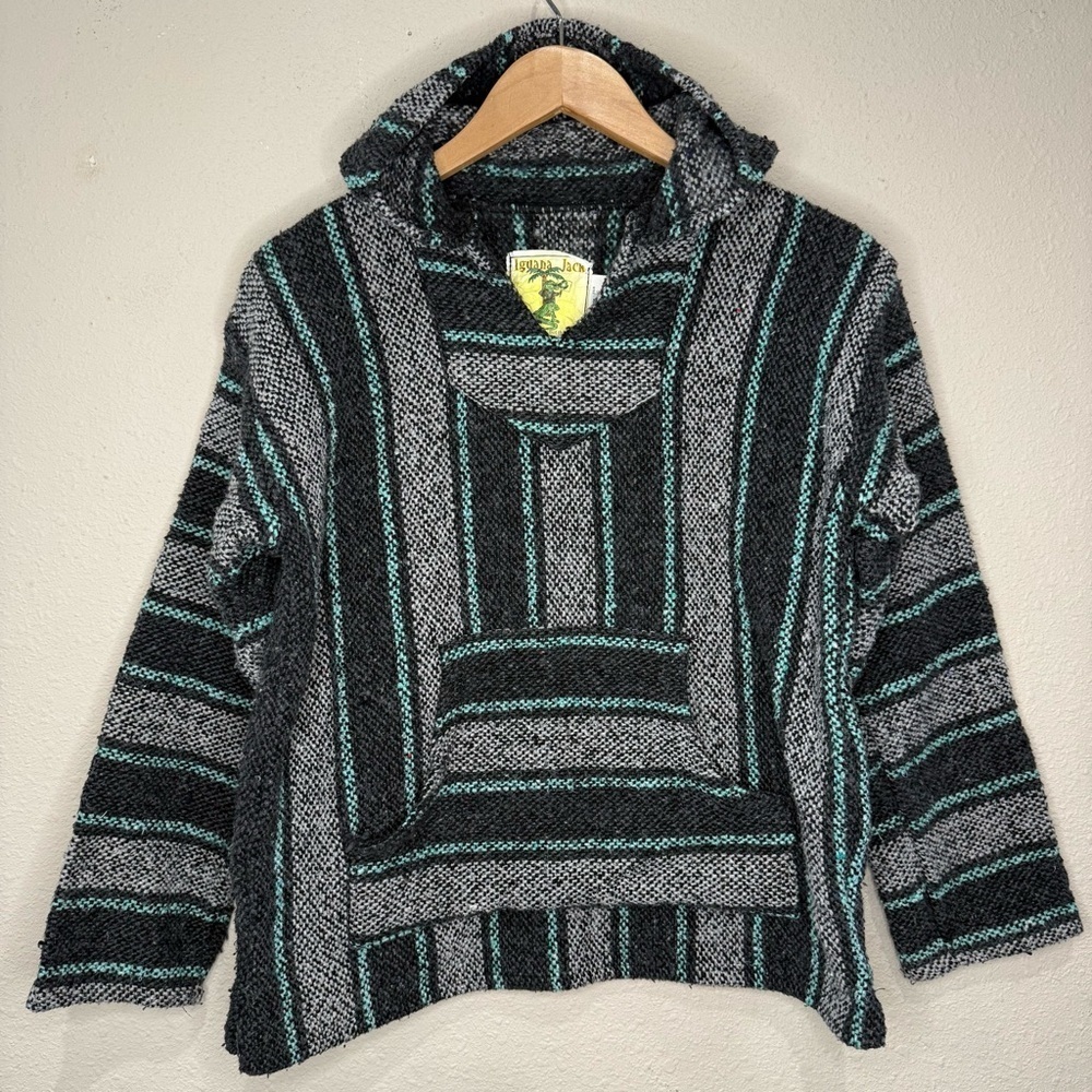 Iguana Jack Woven Baja Mexican Hoodie Southwest Grey/Teal Pullover Kid’s Size XL